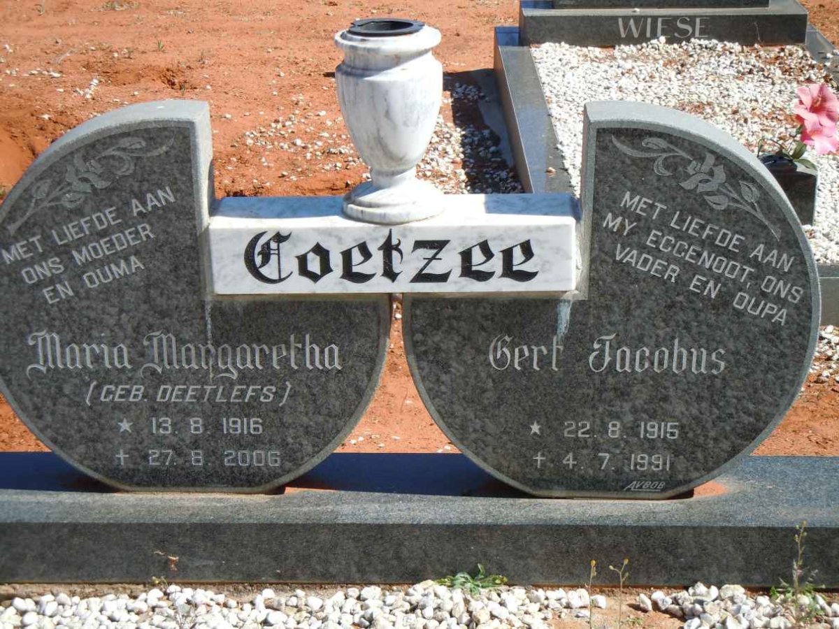COETZEE Gert Jacobus 1915-1991 &amp; Maria Margaretha DEETLEFS 1916-2006