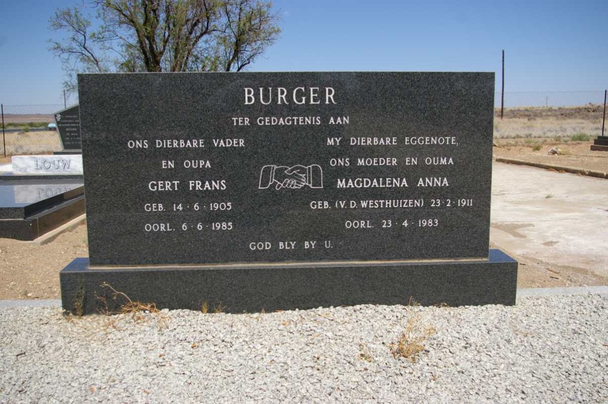 BURGER Gert Frans 1905-1985 &amp; Magdalena Anna V.D. WESTHUIZEN 1911-1983