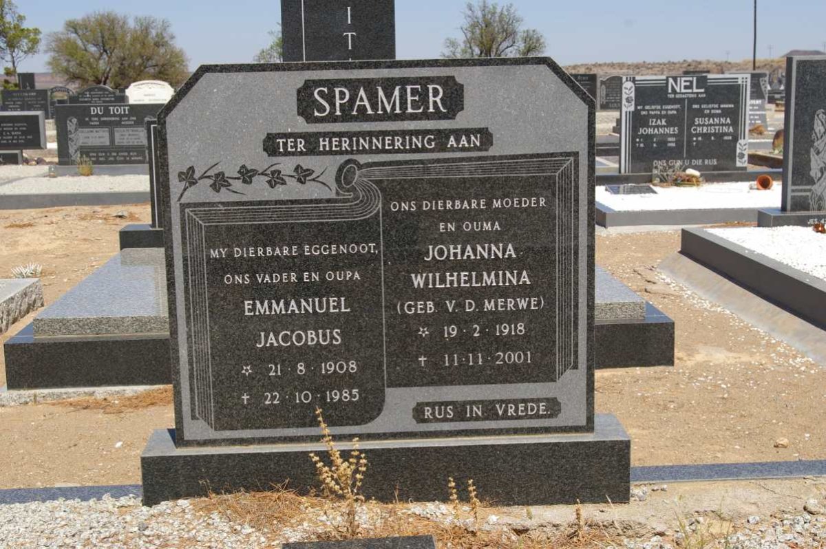 SPAMER Emmanuel Jacobus 1908-1985 &amp; Johanna Wilhelmina V.D. MERWE 1918-2001