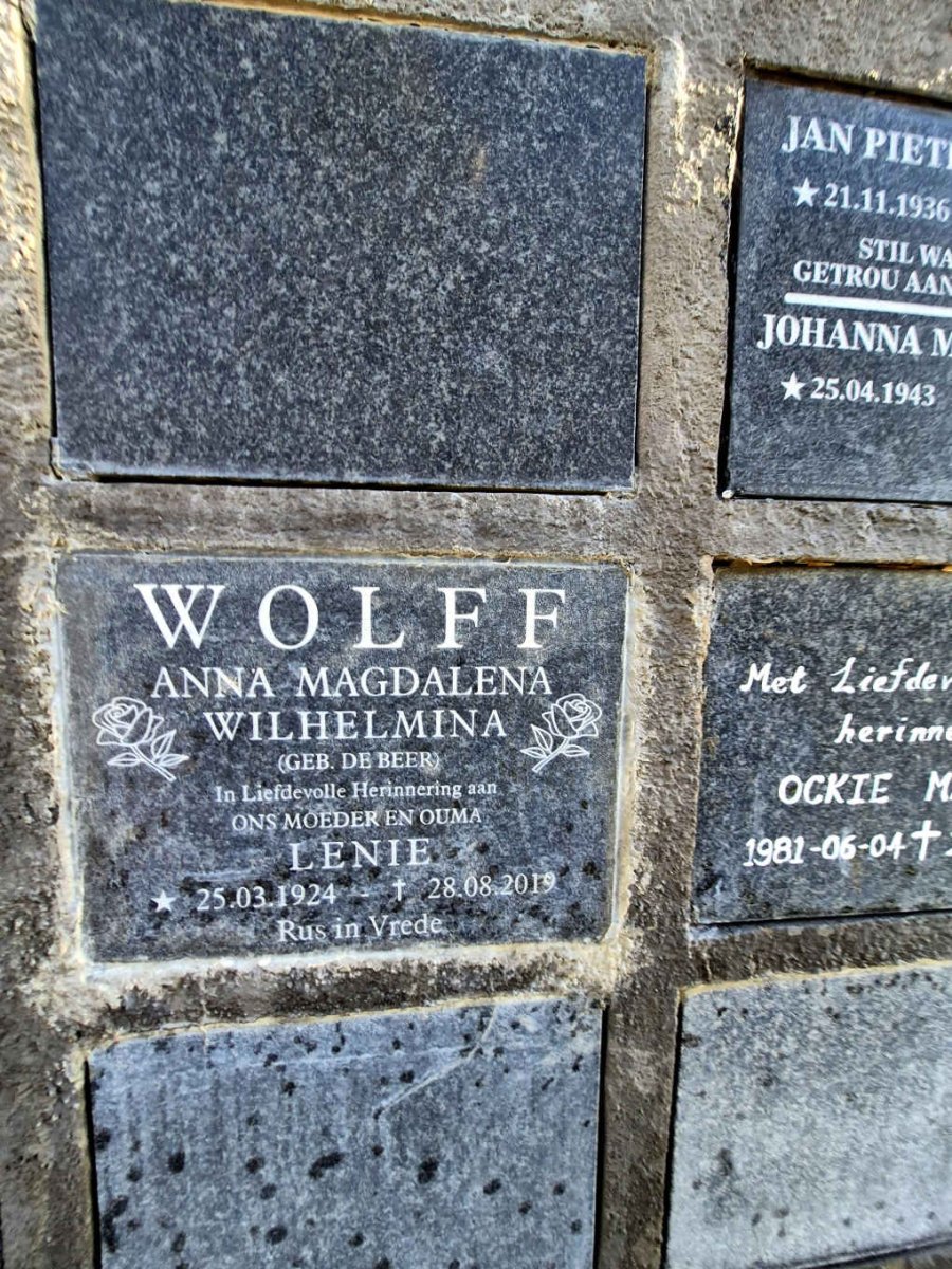 WOLFF Anna Magdalena Wilhelmina nee DE BEER 1924-2019