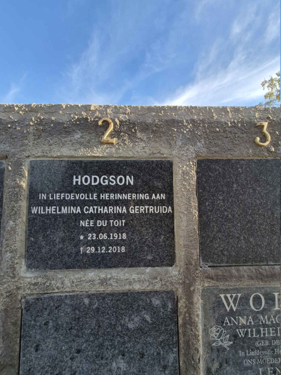 HODGSON Wilhelmina Catharina Gertruida nee DU TOIT 1918-2018